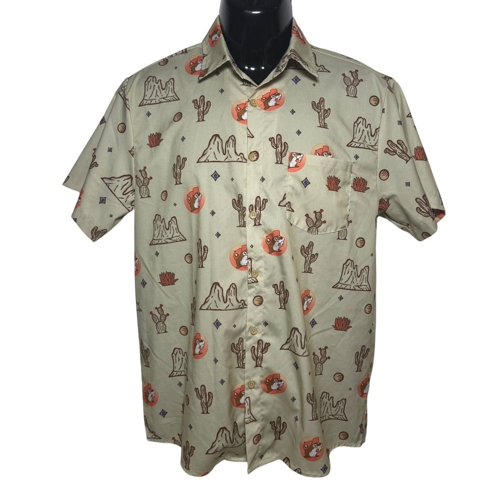 Buc-ees Mens Desert Cowboy Beaver Button Up Shirt Tan Short Sleeve Small 0201